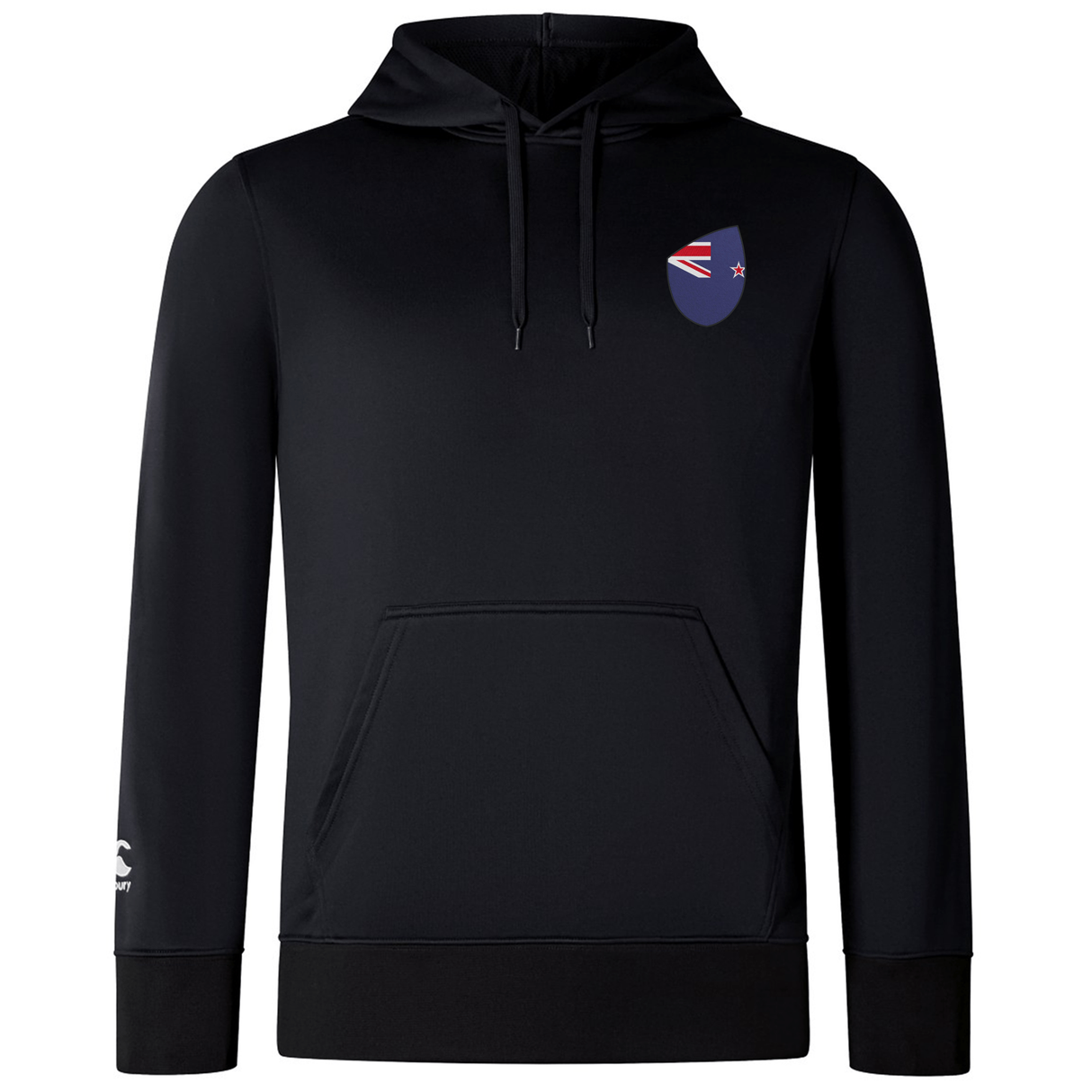 The EMB Canterbury New Zealand Shield Club Lightweight Hoodie is a black hoodie with a front pocket and drawstrings. It features a small chest logo of New Zealand's shield with a stylized flag, ideal for rugby fans, and has a white logo on the sleeve.