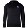 The EMB Canterbury New Zealand Shield Club Lightweight Hoodie is a black hoodie with a front pocket and drawstrings. It features a small chest logo of New Zealand's shield with a stylized flag, ideal for rugby fans, and has a white logo on the sleeve.