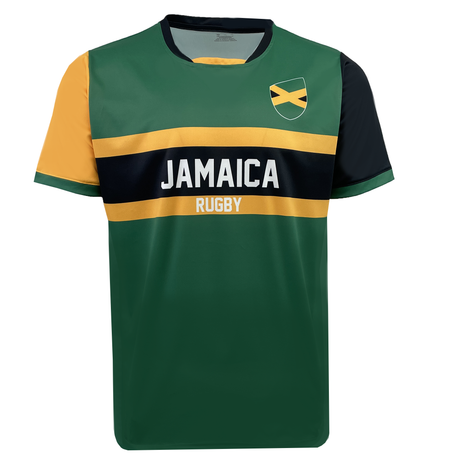 This Admiral Nations of Rugby Jamaica Supporters Jersey features vibrant green, black, and yellow colors with the "Jamaica Rugby" text alongside a small shield logo showcasing a cross design, proudly representing the rugby spirit with its authentic details.