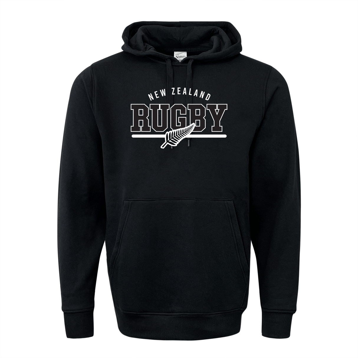 The WRS Augusta Nations of Rugby New Zealand Wordmark 60/40 Pullover Hoodie features a black pullover design with "New Zealand Rugby" text and a silver fern graphic on the front.