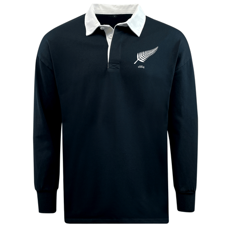 Nations of Rugby New Zealand Vintage Classic Jersey by EMB Mudoo, with a navy blue color and a white collar, featuring an embroidered emblem on the chest.