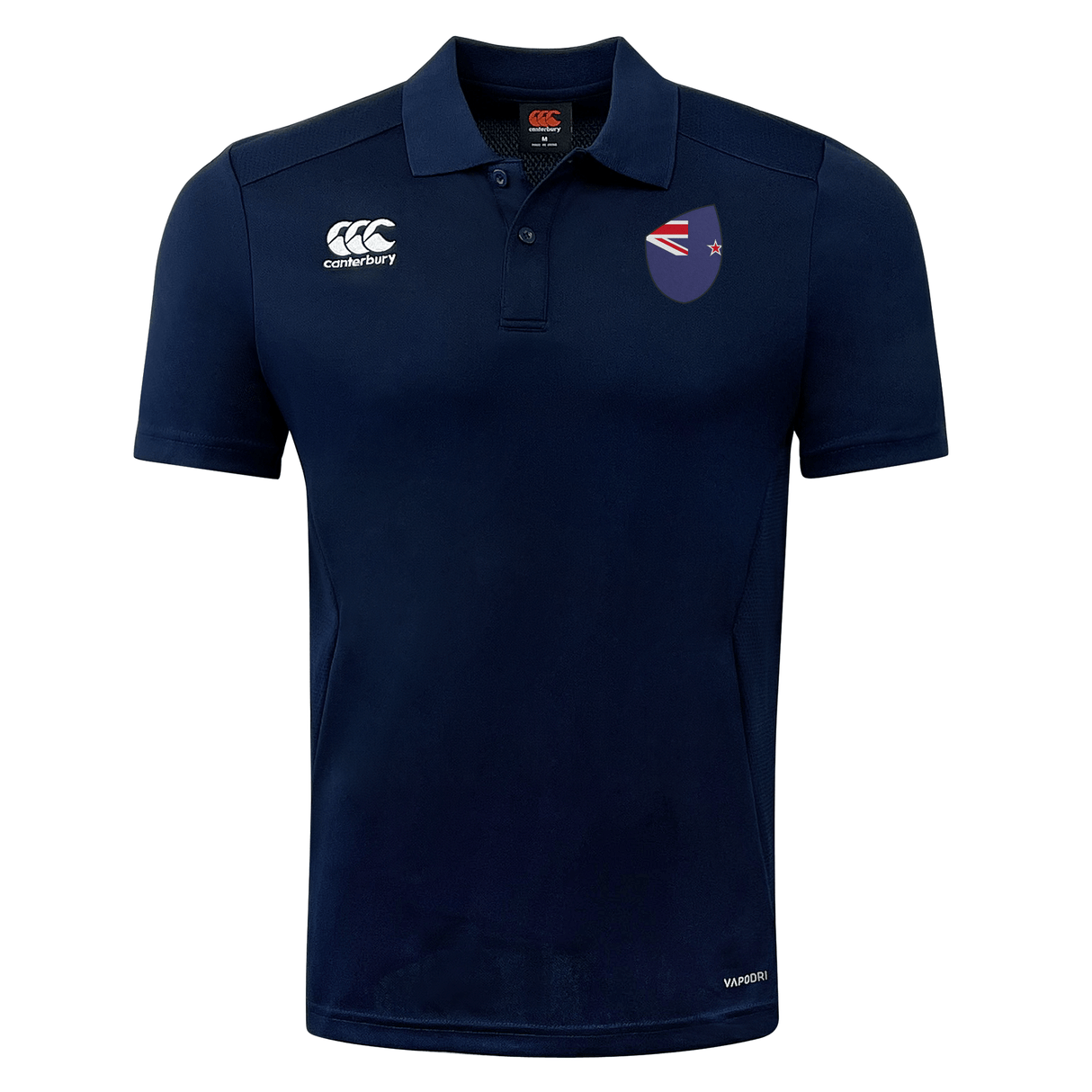 Navy blue New Zealand Shield Club Dry Polo shirt with a white EMB Canterbury logo on the right chest and a New Zealand Shield Club emblem on the left.