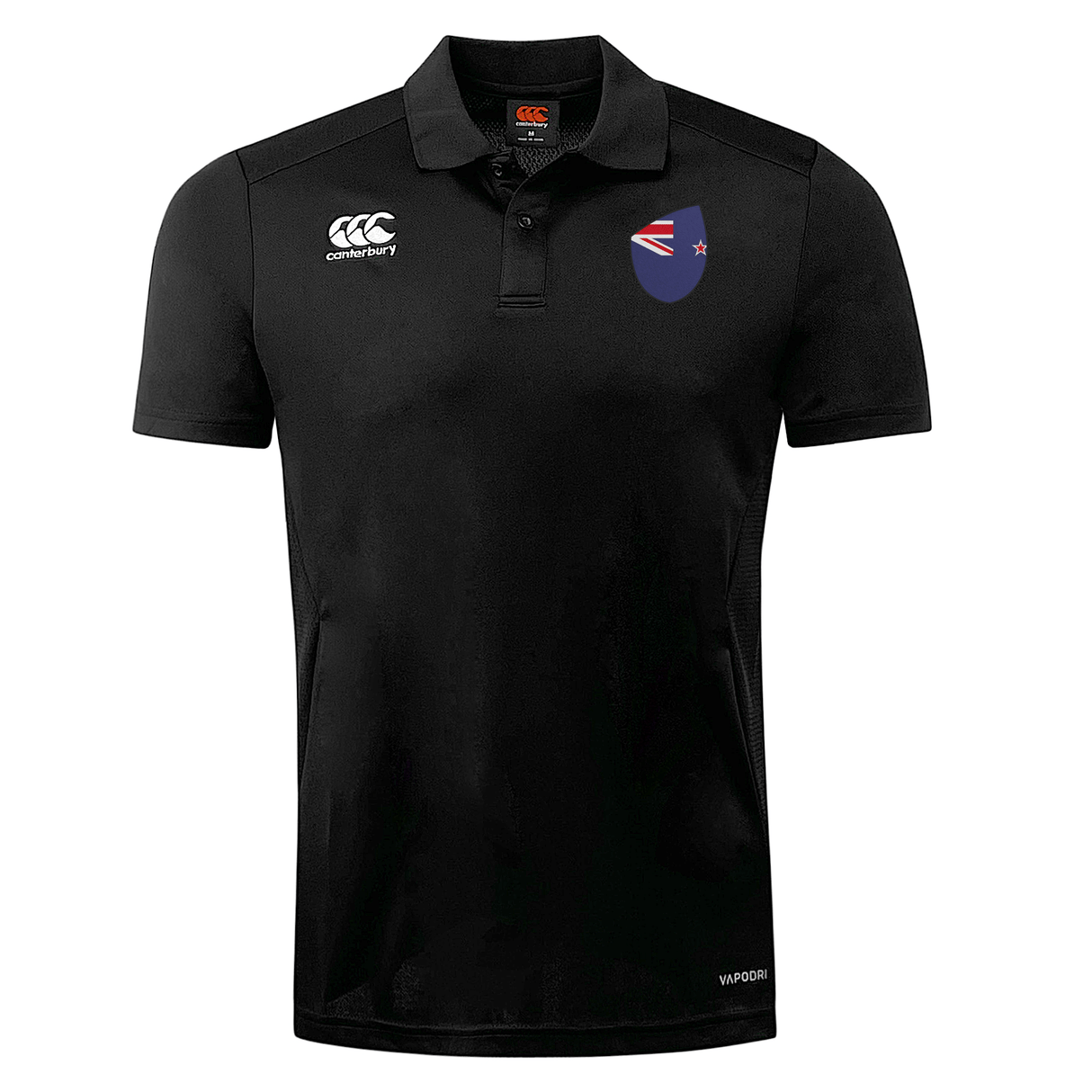 Black New Zealand Shield Club Dry Polo shirt with a collar, featuring the EMB Canterbury logo on the right chest and a small New Zealand Shield Club emblem on the left.