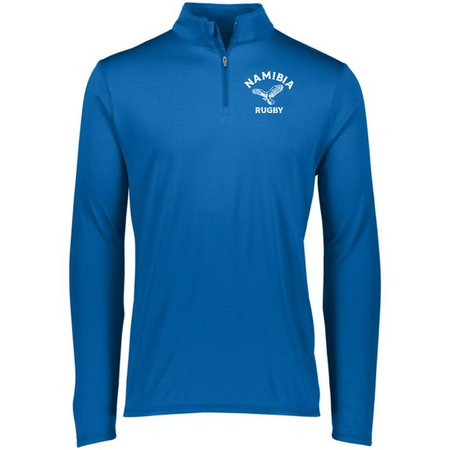 A men's blue wicking Nations of Rugby Namibia Rugby 1/4 Zip Pullover with a white logo on the front, by EMB Augusta.