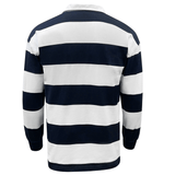 Navy and white striped long-sleeve Wallabies Hooped Classic Jersey displayed from the back by EMB Mudoo.