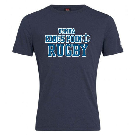 King's Point Rugby Club Plain Tee by WRS Canterbury: A navy blue cotton blend T-shirt with "USMMA Kings Point Rugby" text in white and blue, featuring an anchor graphic.