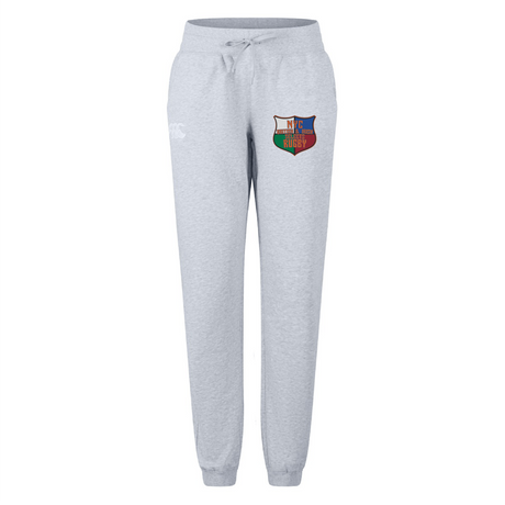 The NYC British and Irish Selects Women's Leisure Sweatpant by EMB Canterbury offers a gray, organic cotton design with a drawstring waist, complete with a vibrant Canterbury rugby logo on the left thigh for ultimate comfort and style.