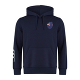 Navy blue New Zealand Shield Club Hoodie by EMB Canterbury, adorned with a small flag emblem on the chest and three white stripes on the right sleeve, ideal for rugby fans.