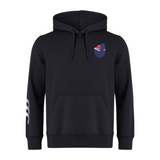 The New Zealand Shield Club Hoodie from EMB Canterbury features a drawstring hood, small NZ flag logo on the chest, and three white stripes on the right sleeve. This black hoodie is ideal for rugby fans, capturing the spirit and style of Canterbury.