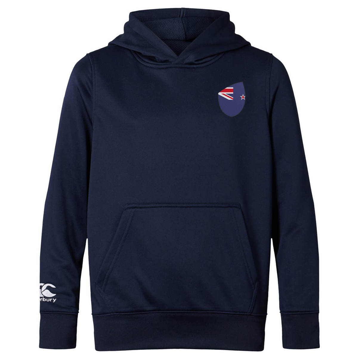 The New Zealand Shield Club Lightweight Hoodie by EMB Canterbury is navy blue with a kangaroo pocket, ideal for rugby fans. It features a small chest flag patch and a white Canterbury logo on the sleeve.