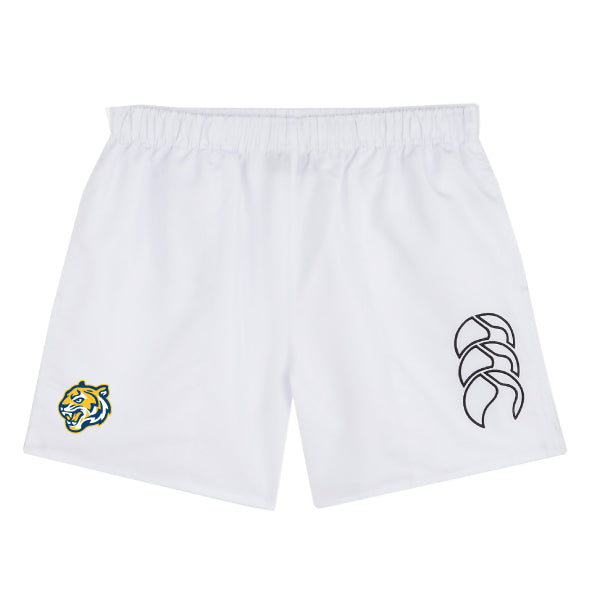 The Noble Street College Prep Tactic Shorts by EMB Canterbury feature a tiger logo on the left and an abstract design on the right, perfect for those who value style and performance.