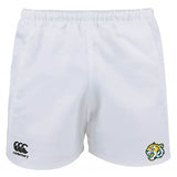 The Noble Street College Prep Player's Drill Short by EMB Canterbury is crafted from recycled fabric with a black Canterbury logo on the left and a blue and yellow tiger emblem on the right.