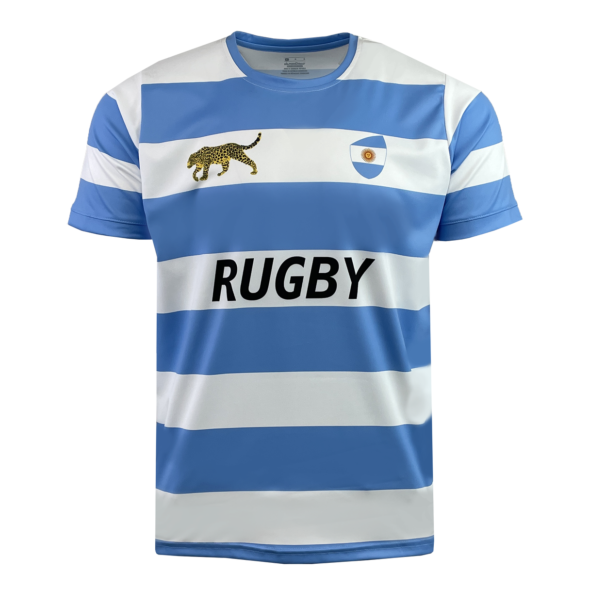 The Admiral Nations of Rugby Argentina Rugby Hooped Supporters Jersey, in blue and white stripes, features "RUGBY," a jaguar emblem, and a shield logo on the chest, honoring the iconic puma and hoops design.