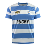 The Admiral Nations of Rugby Argentina Rugby Hooped Supporters Jersey, in blue and white stripes, features "RUGBY," a jaguar emblem, and a shield logo on the chest, honoring the iconic puma and hoops design.