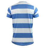 The Admiral Nations of Rugby Argentina Rugby Hooped Supporters Jersey is shown from the back, featuring blue and white horizontal stripes that capture the spirit of rugby.