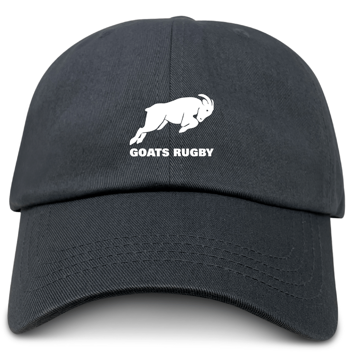 Introducing the Omaha GOATS Rugby Adult Low-Profile Cotton Twill Dad Cap by EMB Alpha Broder. This classic black cap showcases a white silhouette of a goat and the text "GOATS RUGBY" embroidered on the front, effortlessly blending comfort and team spirit.