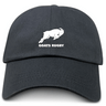 Introducing the Omaha GOATS Rugby Adult Low-Profile Cotton Twill Dad Cap by EMB Alpha Broder. This classic black cap showcases a white silhouette of a goat and the text "GOATS RUGBY" embroidered on the front, effortlessly blending comfort and team spirit.