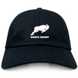 The Omaha GOATS Rugby Adult Low-Profile Cotton Twill Dad Cap by EMB Alpha Broder features a black cotton twill design with a white embroidered logo of a charging goat and the text "GOATS RUGBY" on the front, making it perfect for showcasing your team pride.