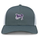 The Valley Panthers Rugby Retro Trucker Cap by EMB Alpha Broder is a gray and white cap with an embroidered "Valley Panthers" logo in purple and white, featuring a snapback closure.