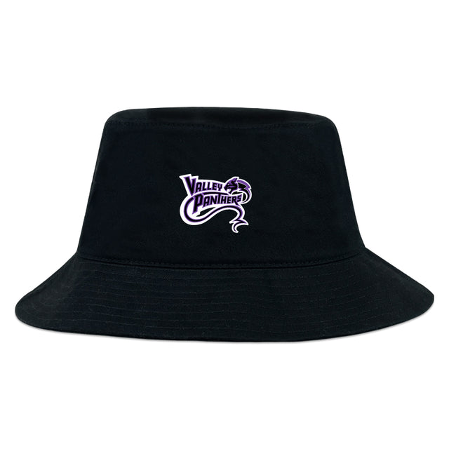 The Valley Panthers Rugby Crusher Bucket Cap by EMB Alpha Broder features a purple and white logo on its black cotton twill surface. This stylish yet practical cap offers sun protection, making it an ideal accessory for any fan.