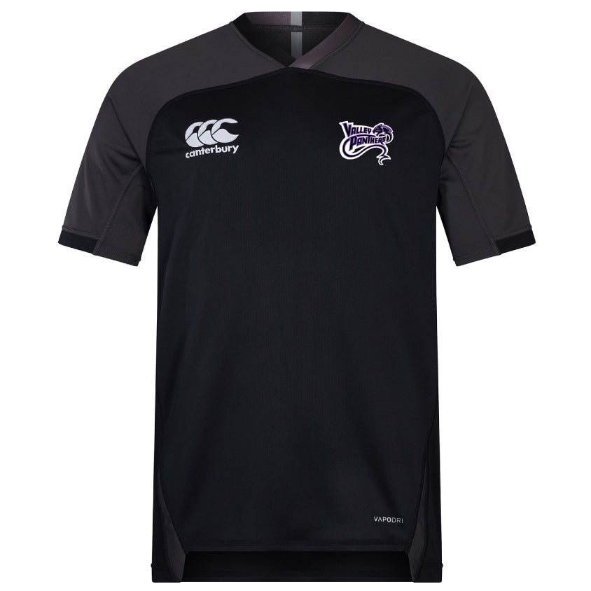 The Valley Panthers Rugby Vapodri Evader Jersey by EMB Canterbury showcases the "Canterbury" logo on the left chest and "Violet Panthers" on the right, with a stylish neckline. Featuring advanced moisture-wicking tech, it has VAPODRI elegantly inscribed near the hem.