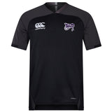 The Valley Panthers Rugby Vapodri Evader Jersey by EMB Canterbury showcases the "Canterbury" logo on the left chest and "Violet Panthers" on the right, with a stylish neckline. Featuring advanced moisture-wicking tech, it has VAPODRI elegantly inscribed near the hem.