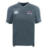 The Valley Panthers Rugby Vapodri Evader Jersey by EMB Canterbury, in gray, has short sleeves and a classic neckline. It features the "Canterbury" logo on the left chest and "Valley Phantoms" logo on the right, with moisture-wicking technology for comfort.