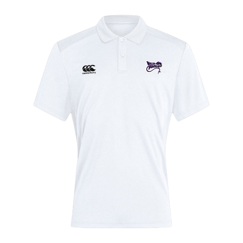 The Valley Panthers Rugby Club Dry Polo by Canterbury, from EMB Canterbury, is a white short-sleeve shirt featuring logos on both chests. Crafted with Vapodri Technology for enhanced comfort, it keeps you cool and stylish all day.