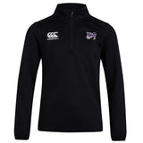 The Valley Panthers Rugby 1/4 Zip Mid Layer Training Top by EMB Canterbury is a black fleece pullover with long sleeves and a zipper, featuring Canterbury and Vikings logos—ideal for rugby training.