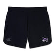 The Valley Panthers Rugby Women's Elite Woven Shorts by EMB Canterbury provide lightweight comfort for training. They boast a sleek black design with violet and white logos on both the right and left legs, ensuring style and functionality in every workout.