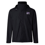 The Valley Panthers Rugby Elite Storm Jacket by Canterbury, featuring a black design with a hood and a small purple and white logo on the left chest, offers ultimate waterproof protection with Vaposhield, keeping you dry and stylish in any weather. Brand: EMB Canterbury.