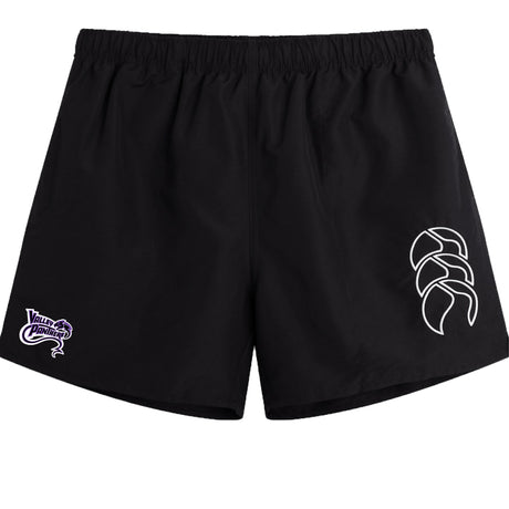 The Valley Panthers Rugby Tactic Shorts by EMB Canterbury in black feature an abstract white logo on the right leg, a purple "Volleyball Champions" design on the left, and an elasticated waistband for comfort and flexibility.