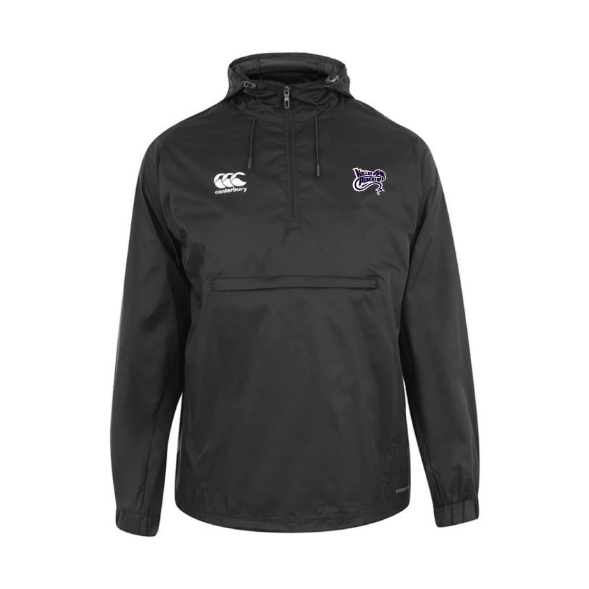 The Valley Panthers Rugby Packaway Jacket by EMB Canterbury, in black, offers a hood, front pocket, chest logos, and a relaxed fit.