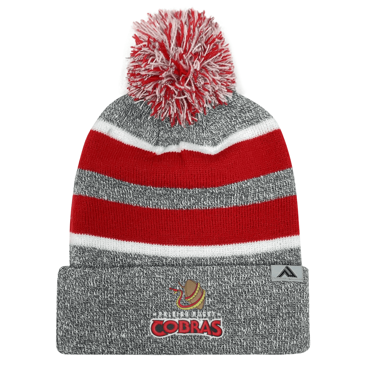 A Raleigh Cobras Rugby Knit Pom-Pom Beanie in grey and red by EMB Augusta Sportswear.