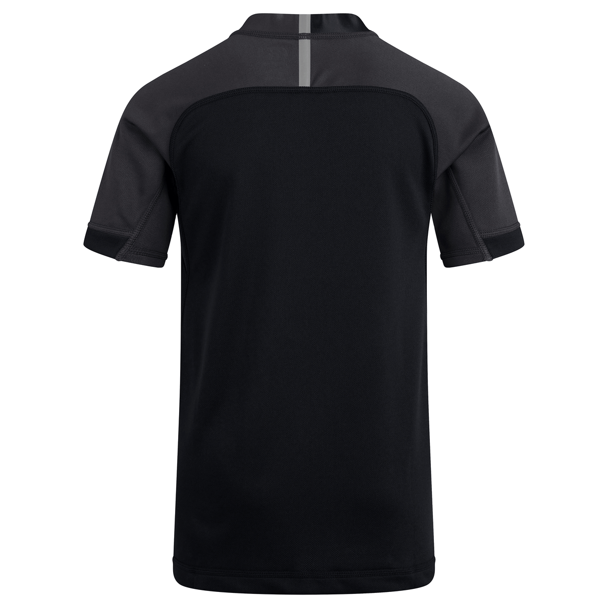 Back view of the Canterbury Vapodri Evader Jersey, a black short-sleeve design with dark gray accents on the shoulders and sleeves. A reflective vertical stripe near the collar features VapoDri finish moisture-wicking technology for enhanced performance.