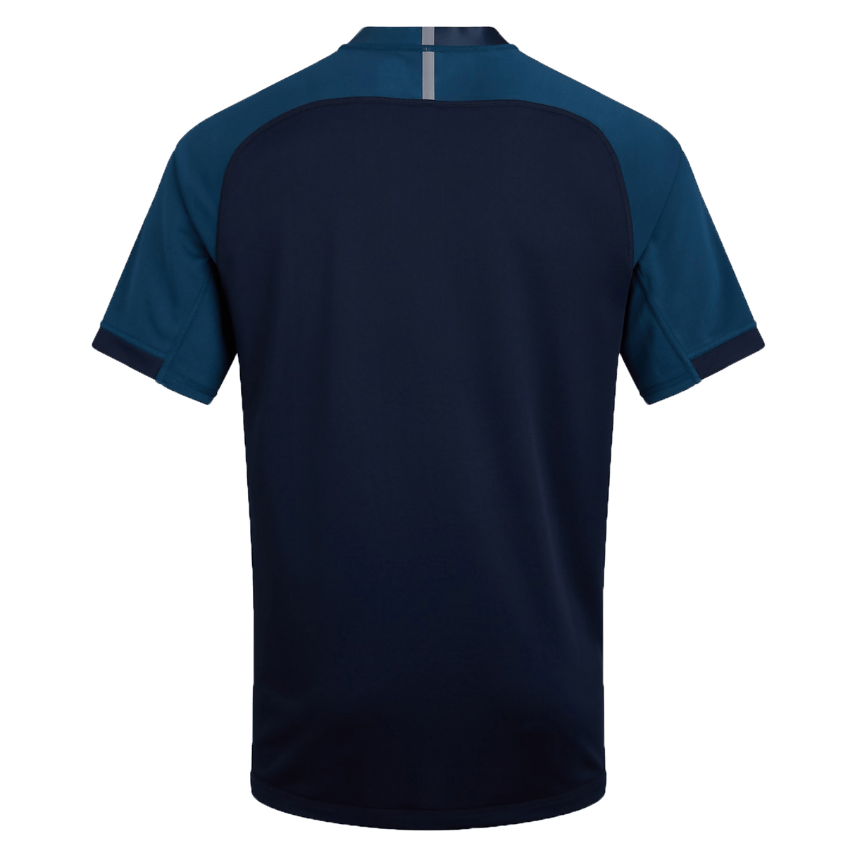 Back view of a Canterbury Vapodri Evader Jersey in two shades of blue with a small reflective strip below the neck, featuring moisture-wicking technology.