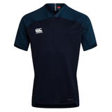 A short-sleeve, dark navy-blue Canterbury Vapodri Evader jersey with the sportswear logo in white on the left chest and shoulders, featuring moisture-wicking technology for optimal performance.