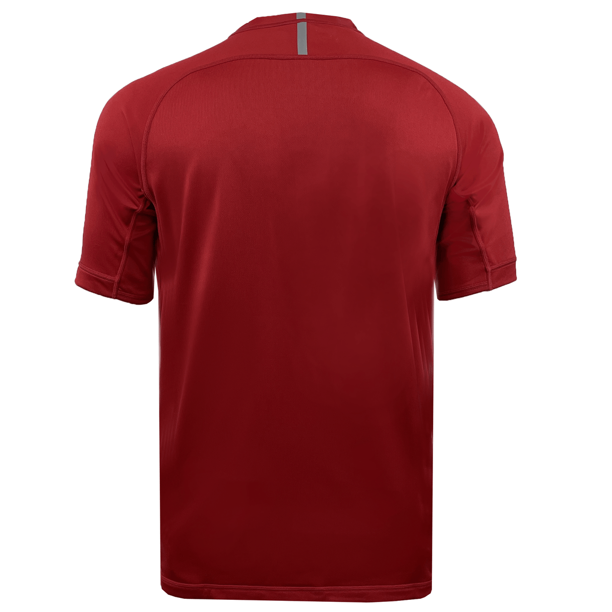 Rear view of a plain red short-sleeve Canterbury Vapodri Evader Jersey with a small gray stripe near the collar, featuring moisture-wicking technology.