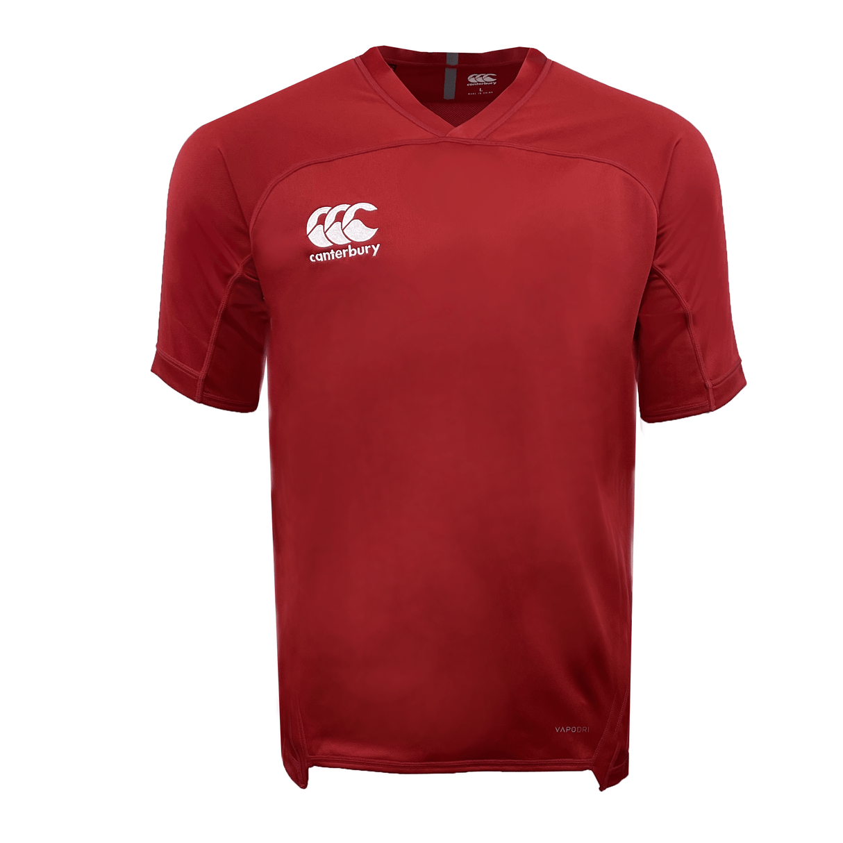 A red short-sleeved sports jersey with a V-neck, featuring a white "CCC" logo and "canterbury" text on the upper chest, boasting the moisture-wicking technology of the Canterbury Vapodri Evader Jersey.