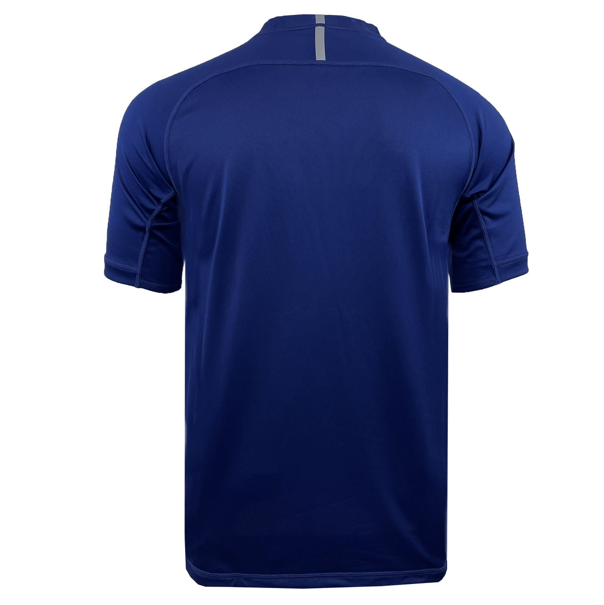 Back view of the Canterbury Vapodri Evader Jersey, a plain blue short-sleeve athletic shirt featuring Canterbury's VapoDri finish and a small reflective strip near the neckline.