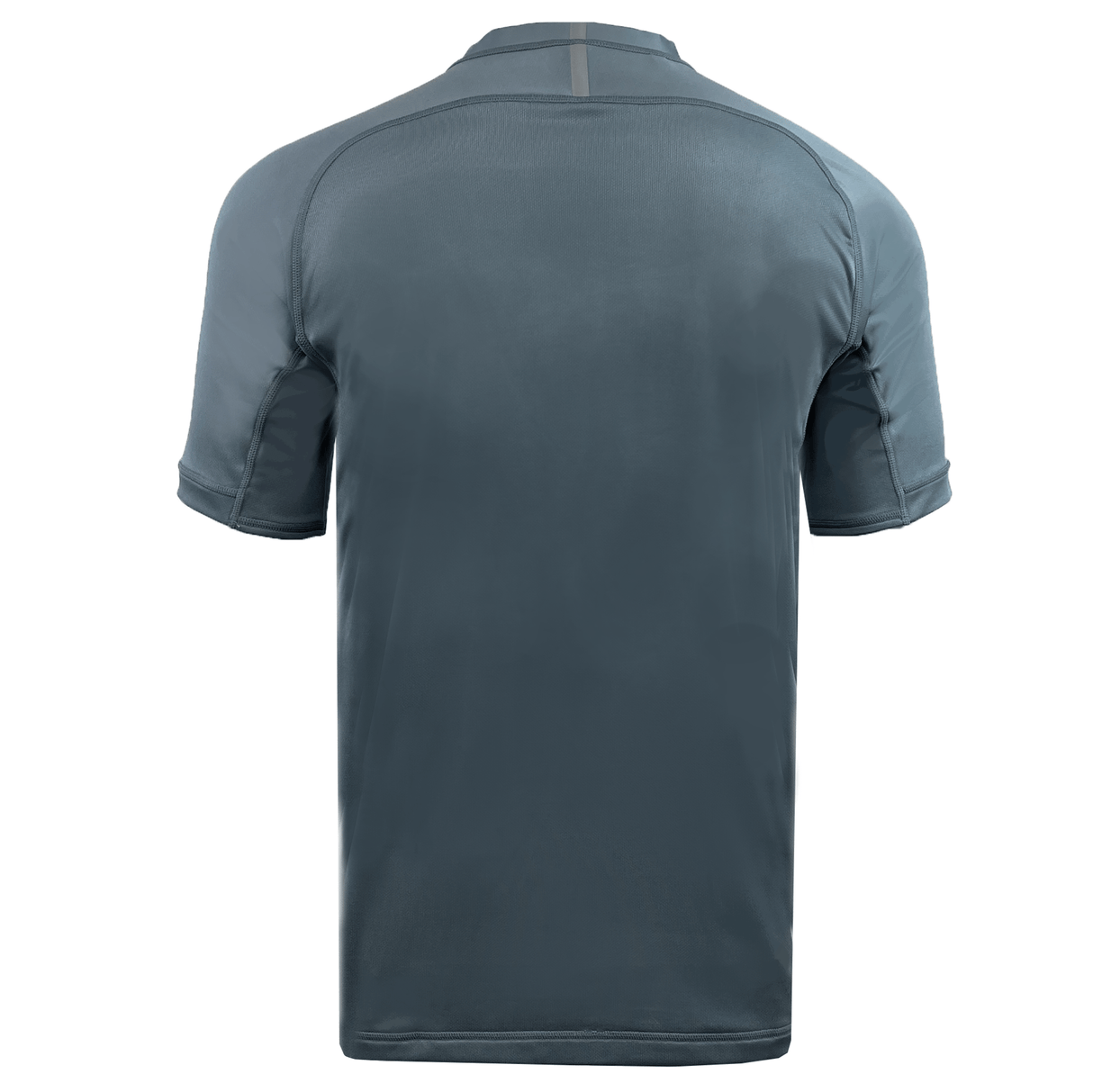 Here’s the back view of the Canterbury Vapodri Evader Jersey, a short-sleeve piece in slate gray with a small light gray stripe at the top center. It features advanced moisture-wicking technology, courtesy of its VapoDri finish.