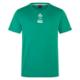 Ireland Team Cotton T-Shirt 24 by Canterbury, green short-sleeve design with 'IRFU' and a white logo printed on the front. It also features an embroidered logo on the sleeve. The round neck design offers added comfort.