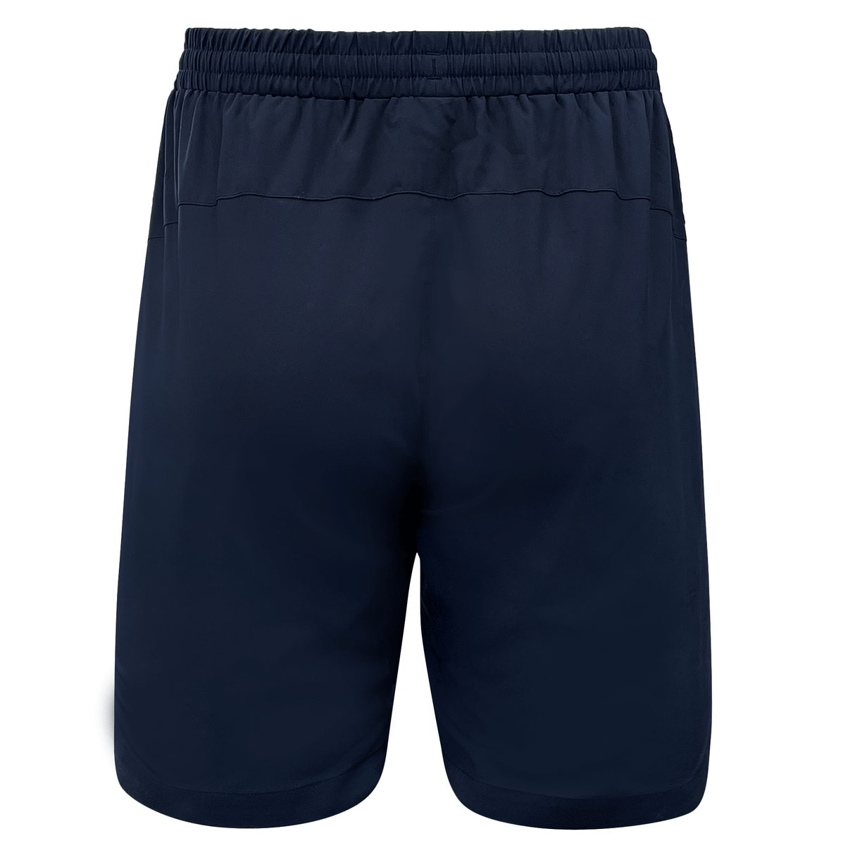 A pair of Canterbury Vapodri Woven Gym Shorts in navy blue, featuring an elastic waistband and crafted from lightweight fabric for maximum freedom of movement, shown from the back.