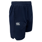 Canterbury Vapodri Woven Gym Shorts in navy blue, featuring an elastic waistband and a prominently displayed "Canterbury" logo on the thigh, crafted from lightweight fabric to enhance freedom of movement.