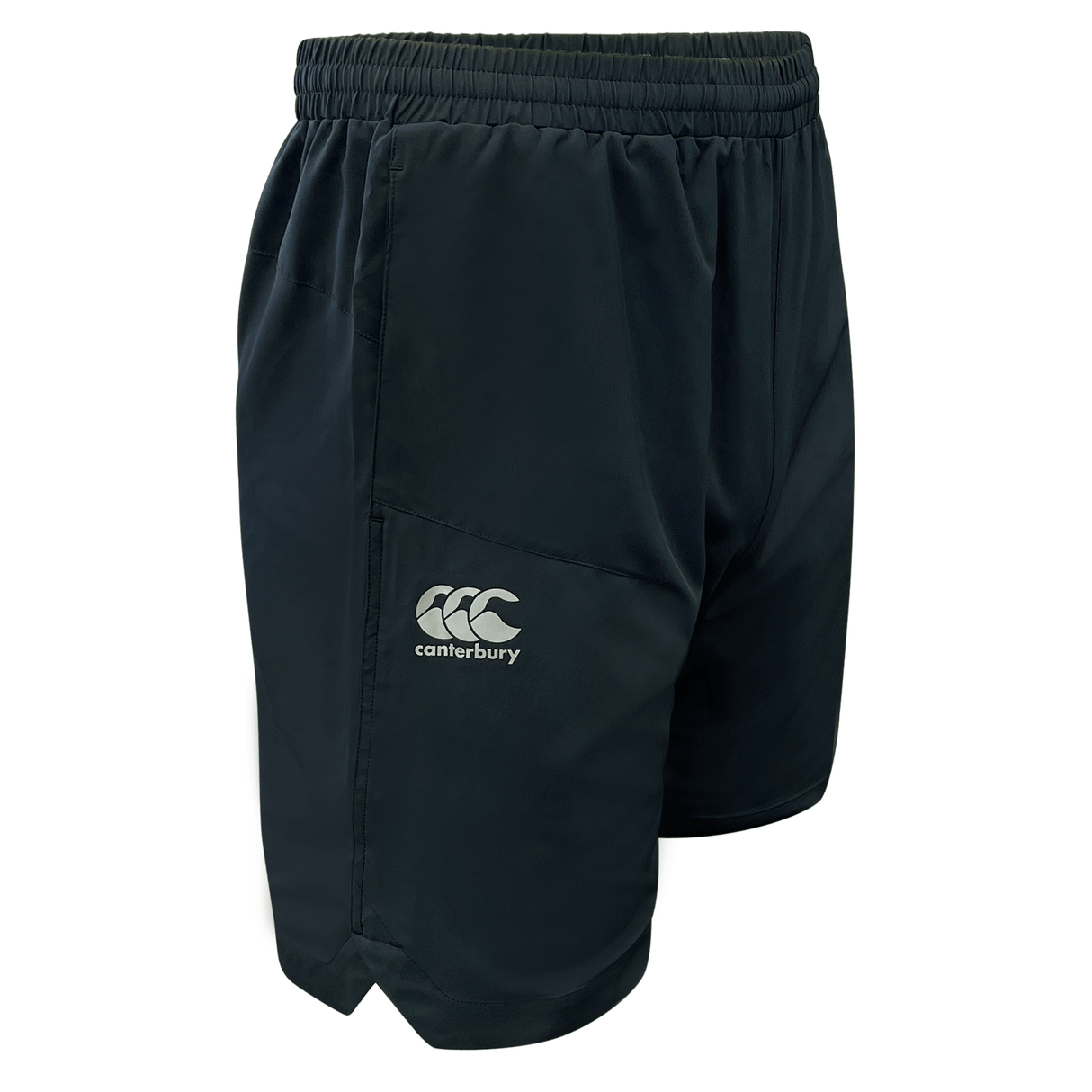 The Canterbury Vapodri Woven Gym Shorts are black with an elastic waistband, featuring a white "Canterbury" logo on the front left side. Made from lightweight fabric, these shorts ensure freedom of movement.