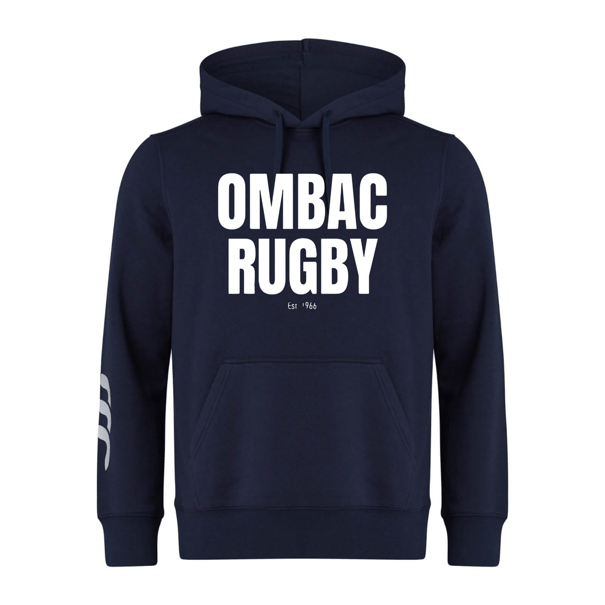 The OMBAC Rugby Club Hoodie by Canterbury from WRS Canterbury is a premium sweatshirt fleece navy blue hoodie featuring "OMBAC RUGBY" printed in bold white letters on the front and "Est 1966" written below. The right sleeve is adorned with three white stripes, making it the ideal Rugby Club Hoodie.