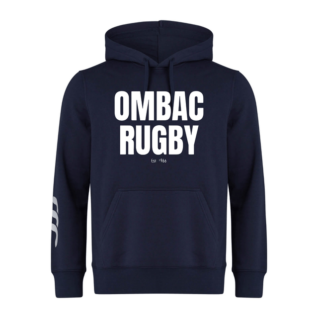 The OMBAC Rugby Club Hoodie by Canterbury from WRS Canterbury is a premium sweatshirt fleece navy blue hoodie featuring "OMBAC RUGBY" printed in bold white letters on the front and "Est 1966" written below. The right sleeve is adorned with three white stripes, making it the ideal Rugby Club Hoodie.