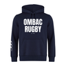 The OMBAC Rugby Club Hoodie by Canterbury from WRS Canterbury is a premium sweatshirt fleece navy blue hoodie featuring "OMBAC RUGBY" printed in bold white letters on the front and "Est 1966" written below. The right sleeve is adorned with three white stripes, making it the ideal Rugby Club Hoodie.