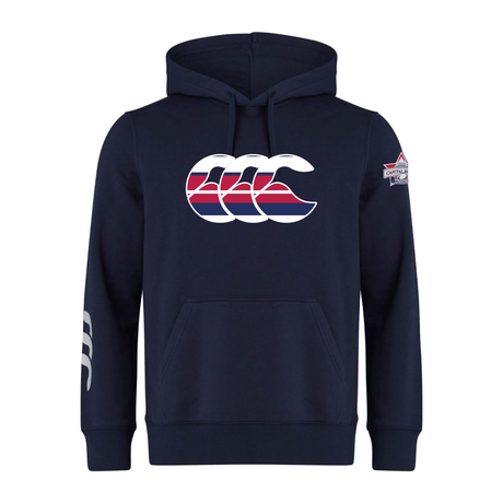 The Capital Selects CCC Club Hoodie by WRS Canterbury is navy with a white and red CCC logo on the chest, sleeve, and shoulder. Made from premium sweatshirt fleece, customization is optional.