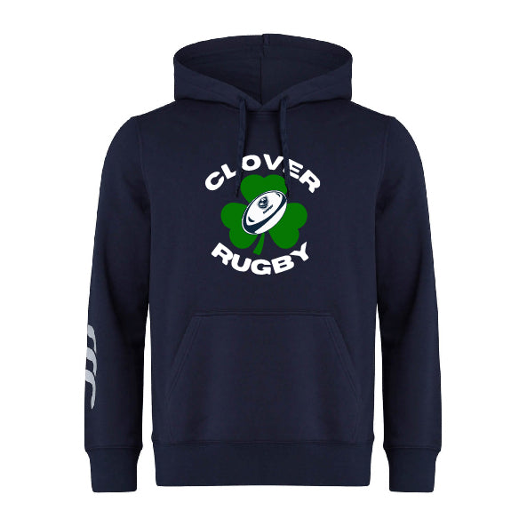 The Clover Blue Eagles Club Hoodie by EMB Canterbury is a navy masterpiece showcasing the "Clover Rugby" text along with a shamrock logo featuring a rugby ball. Crafted with Canterbury's distinctive touch, it includes white stripes on the left sleeve, perfectly blending style with tradition.